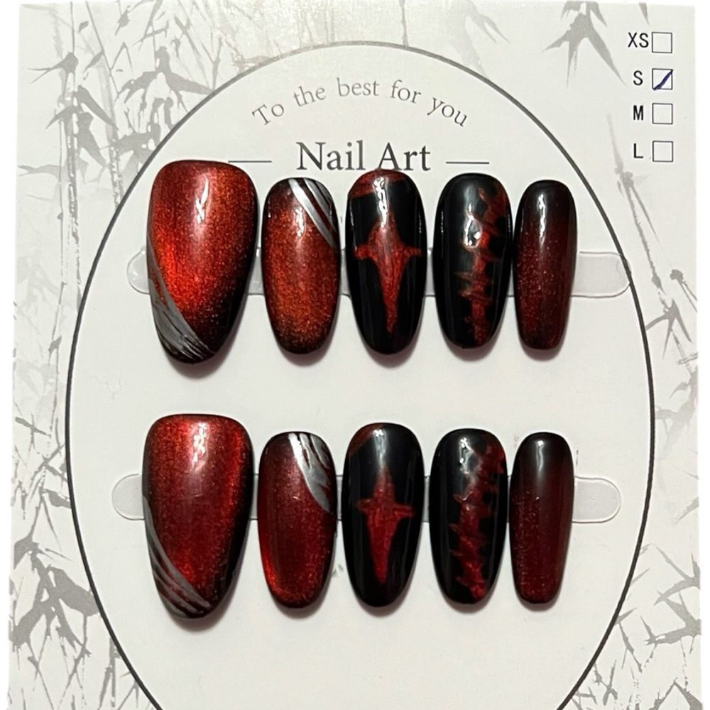 Stylish Handmade Red And Black Goth Oval Shape Press-On Nails Size S